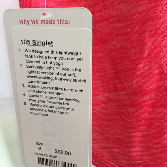 NWT HLUS RED LULULEMON 105 SINGLET TANK - 2 4 6 - Picture 6 of 8